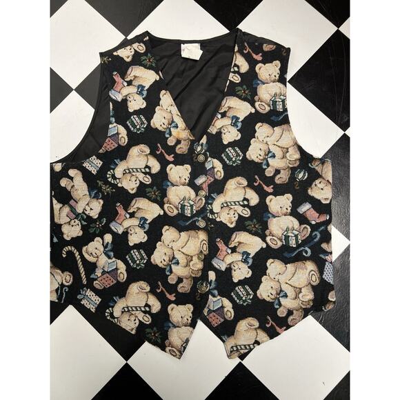 Vintage 90s Tapestry Vest Christmas Party Teddy Bears Medium Tacky Fun Gifts - Picture 2 of 8